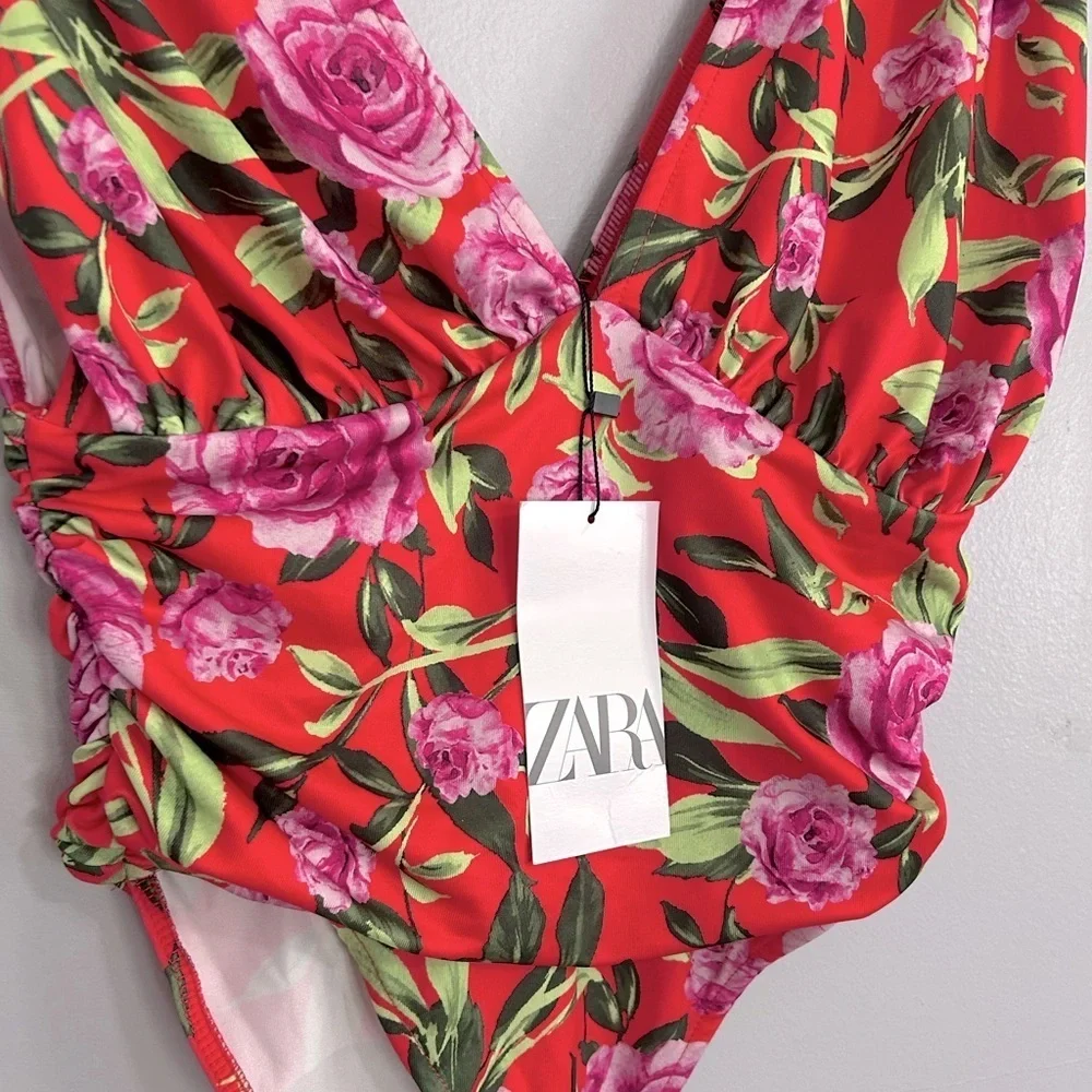 Zara Red Floral Print Draped Bodysuit Women’s Size Medium NWT Blogger Fav